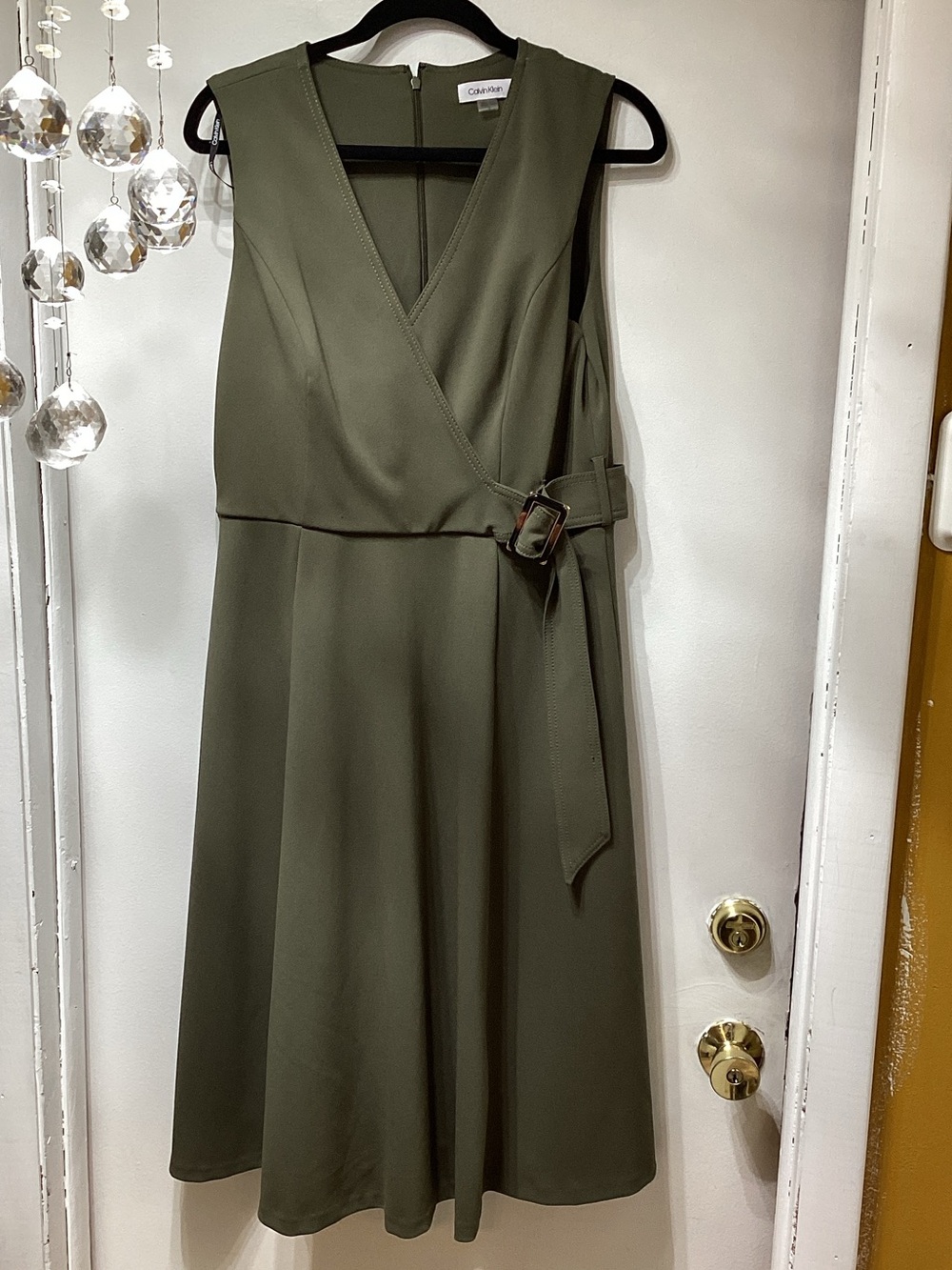 Calvin Klein Olive Belted Wrap Midi Dress